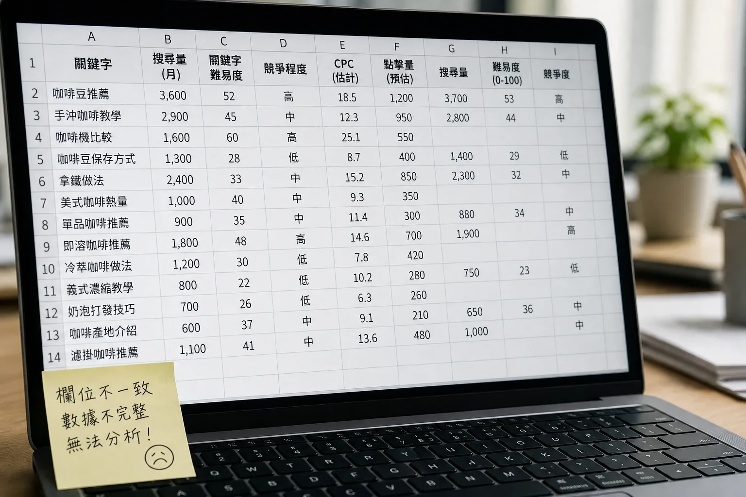 辦公室環境中,電腦螢幕顯示不一致的關鍵字工具資料,強調如何選擇關鍵字工具的重要性