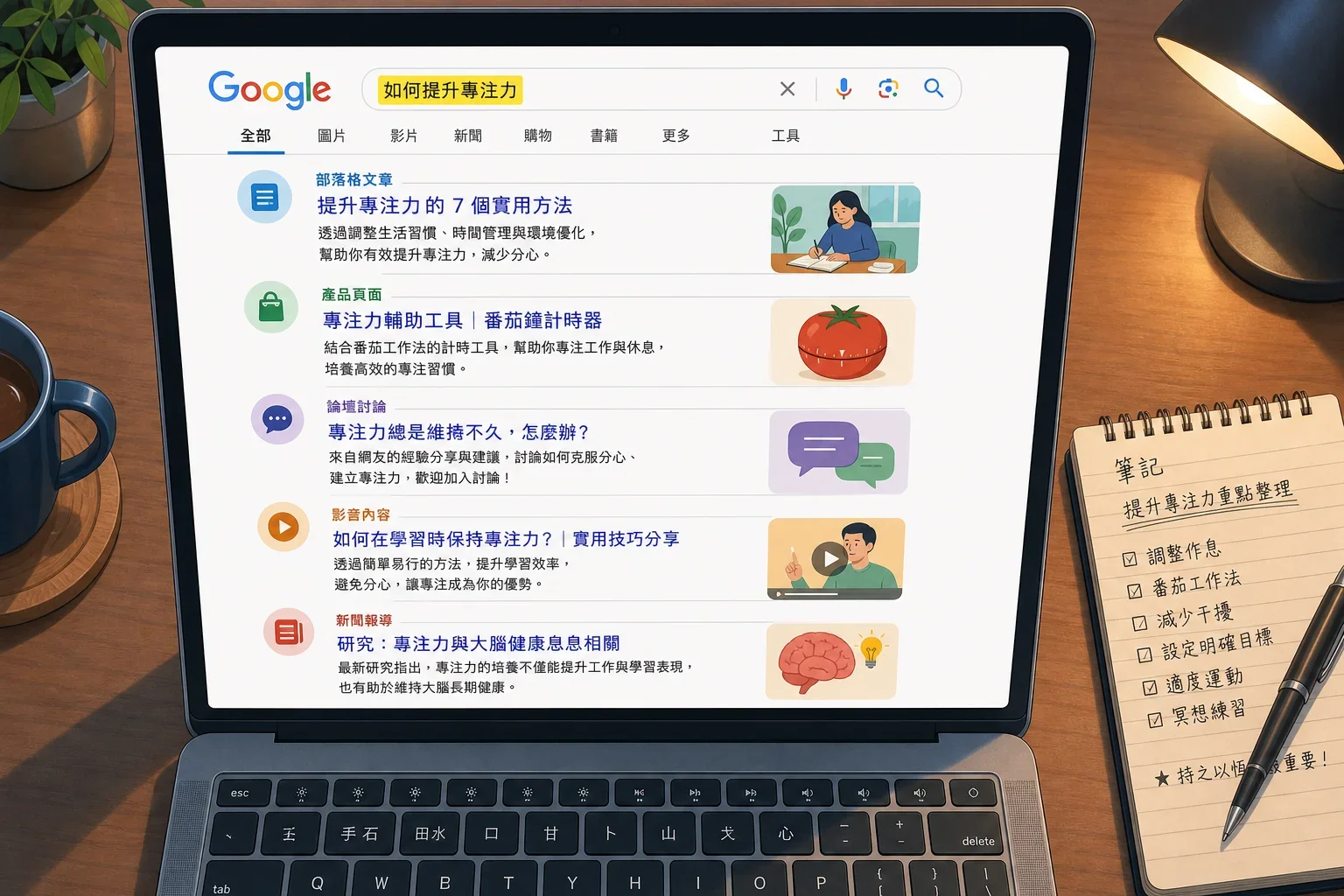 在電腦螢幕上查看關鍵字競爭分析工具的搜尋結果