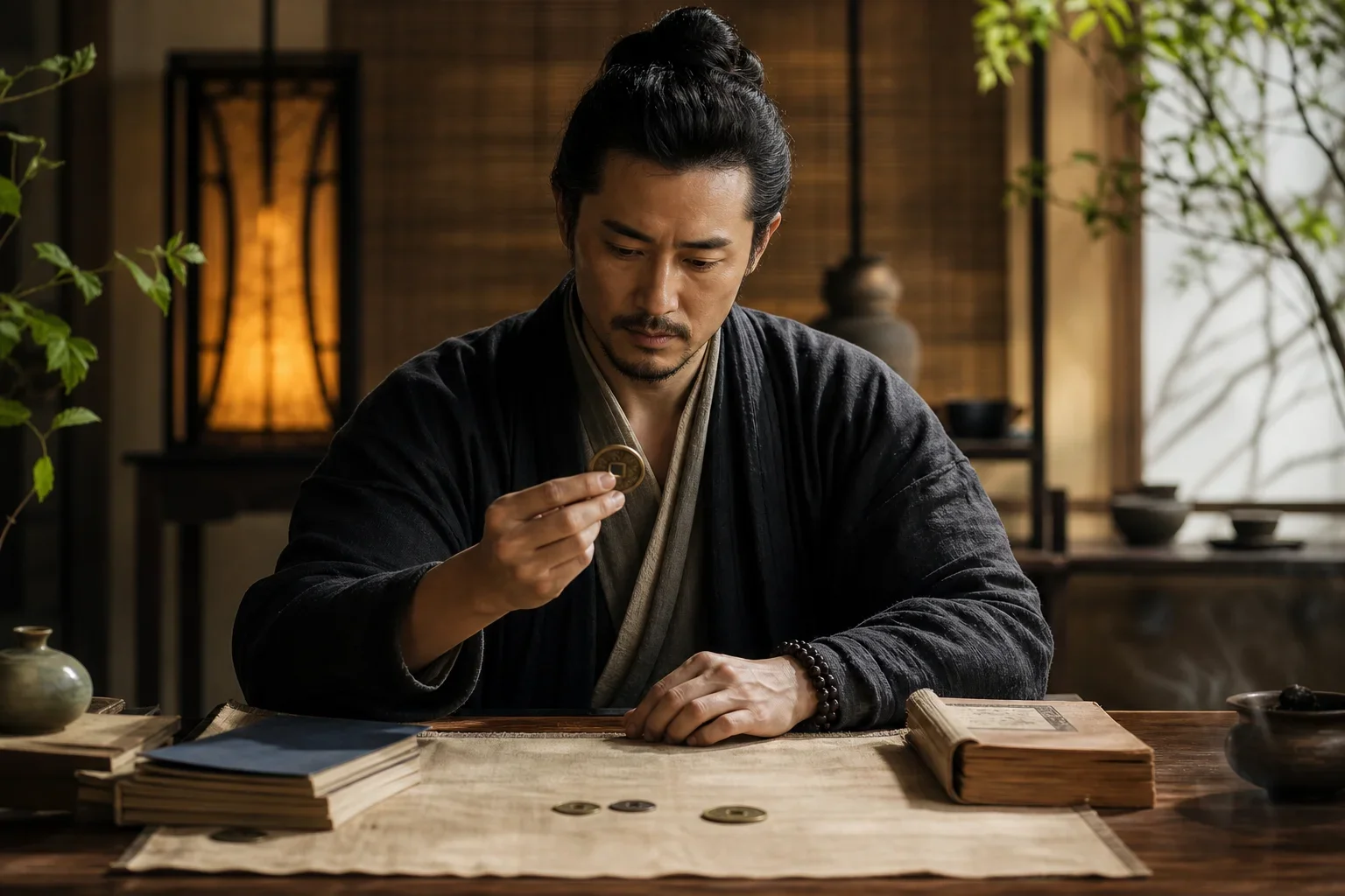 靜謐環境中專注思考的個體手持易經銅錢準備卜卦