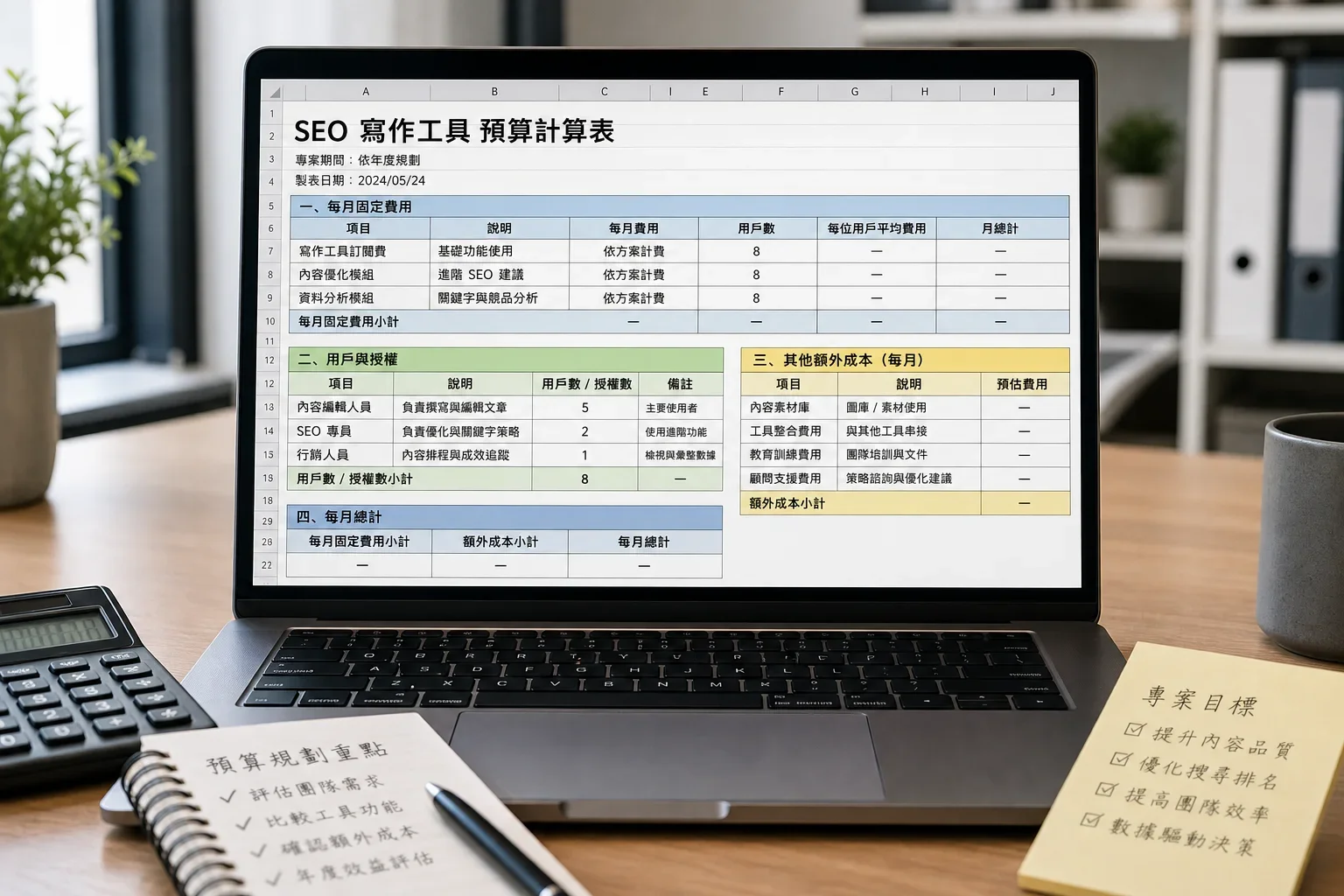 在辦公室環境中,筆記與計算機旁的筆記本電腦顯示SEO寫作工具選擇的預算計算