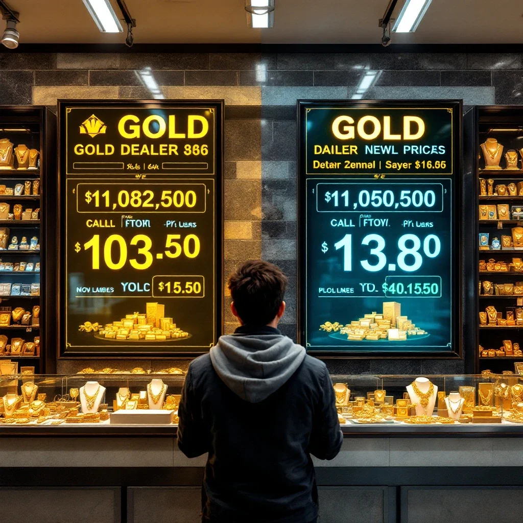 顧客在兩家金店比較黃金金條回收價值計算的數字牌價