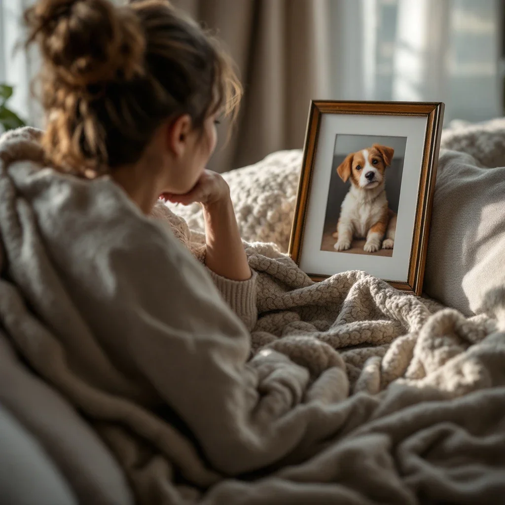 飼主坐在沙發上懷念寵物的情感支持資源