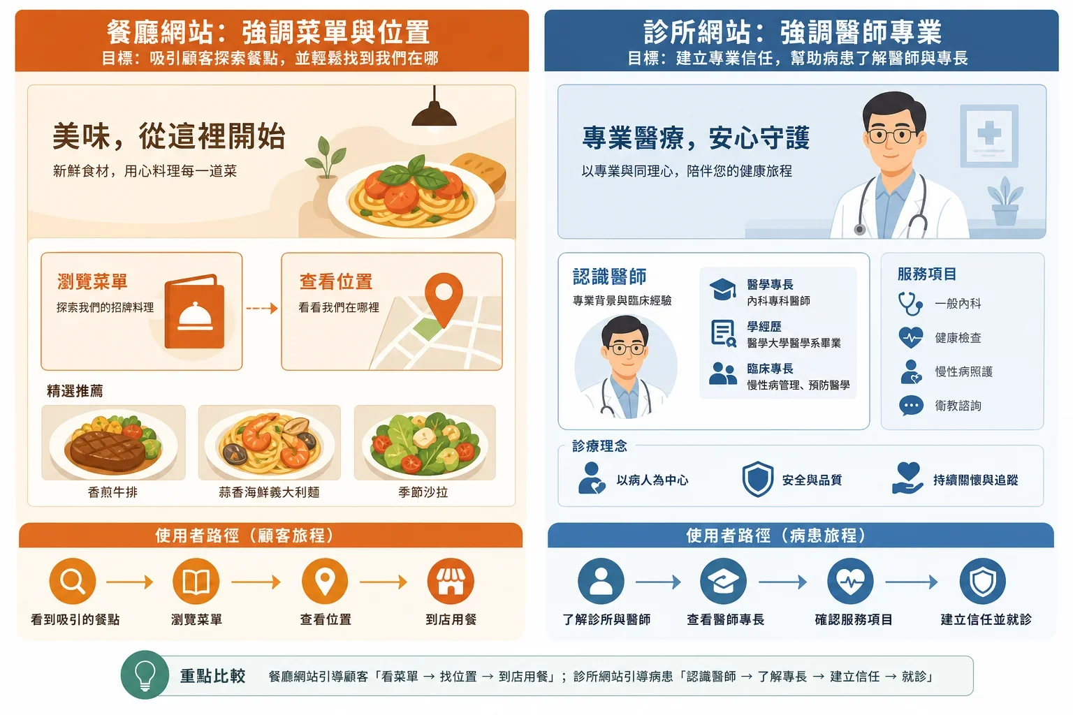 比較餐廳與診所網頁的行動呼籲設置,顯示小型企業SEO策略的不同重點