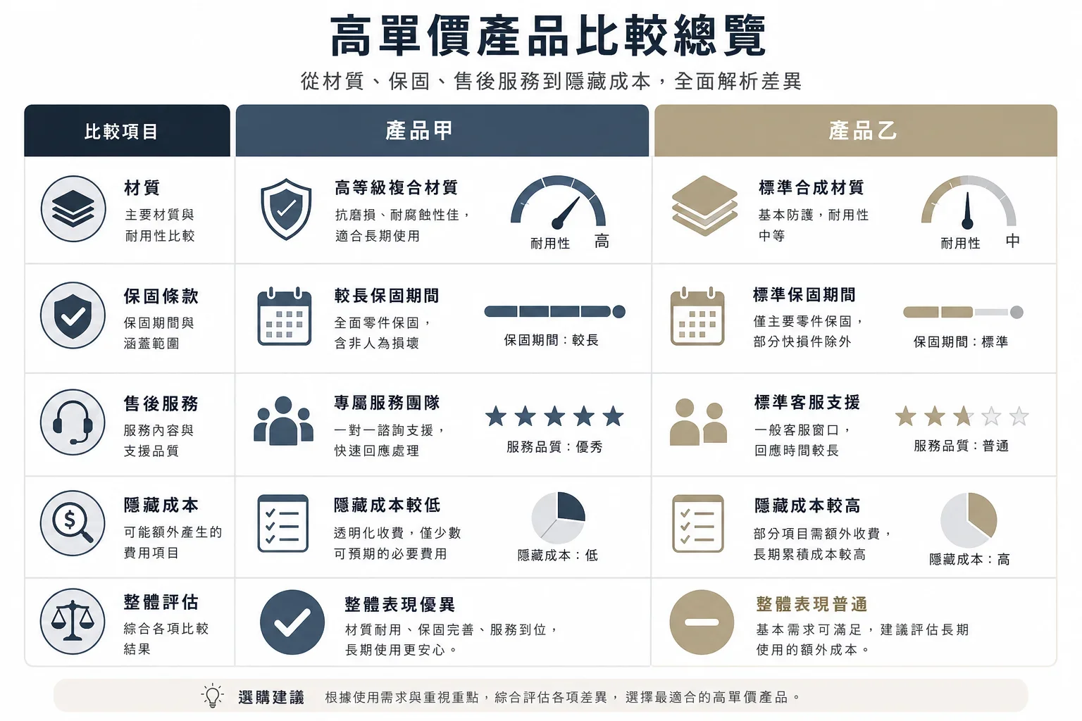 內容行銷成功故事:高單價產品比較圖表展示材質差異與售後服務