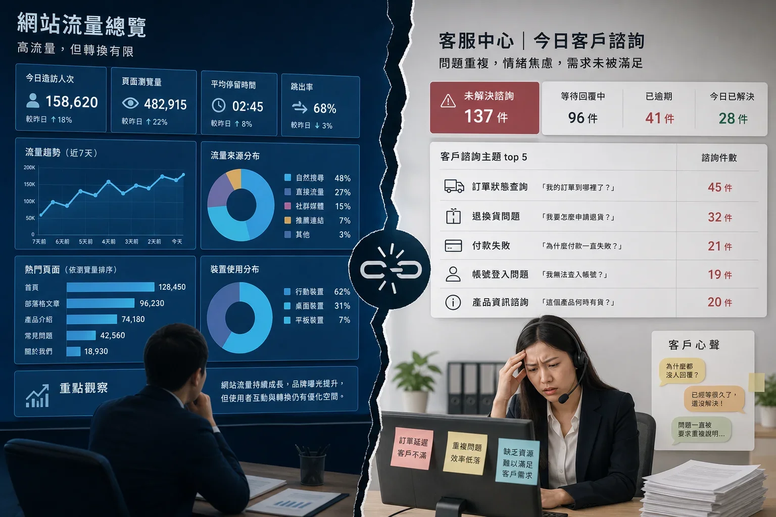 高流量網站分析儀表板與客服人員面對客戶詢問的對比，突顯內容規劃對商業成功的影響