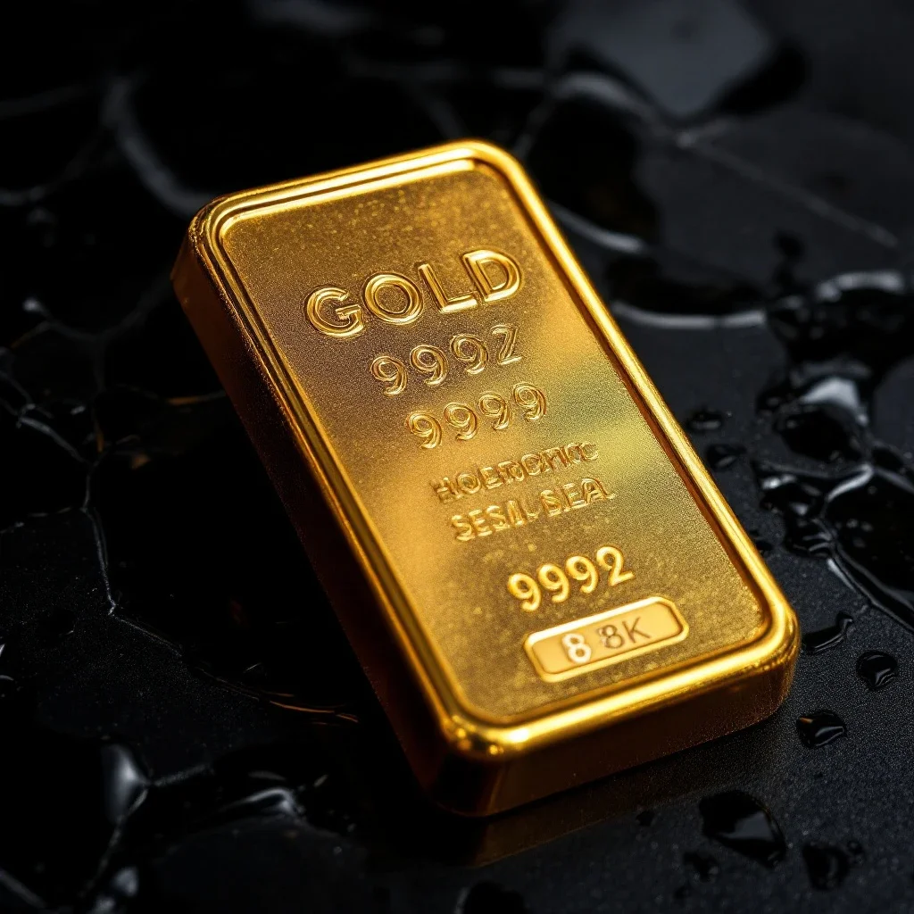 特寫黃金條塊顯示的純度標記與獨特序號,提醒黃金條塊注意事項