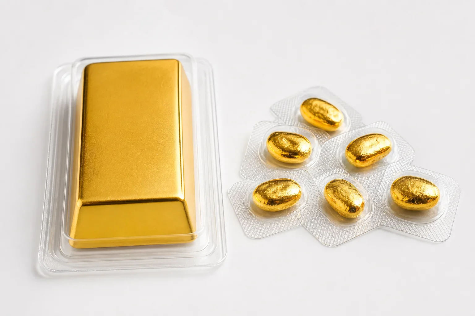 展示黃金條塊與金豆的大小和質感差異,輔以黃金條塊市場價值評估的價格標籤