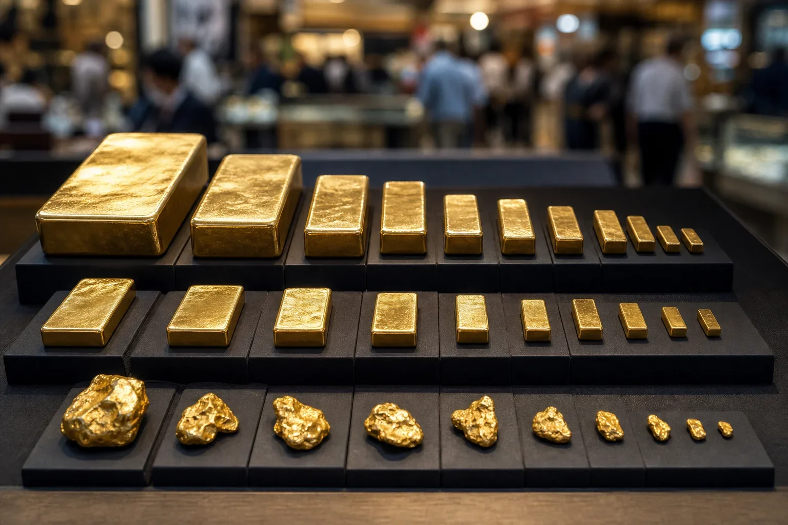 展示不同重量和價格的黃金條塊與金豆的市場環境