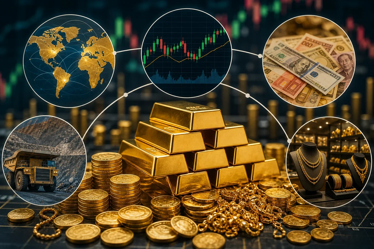 展示黃金金條交易安全陷阱的資訊圖，包含市場圖表和匯率