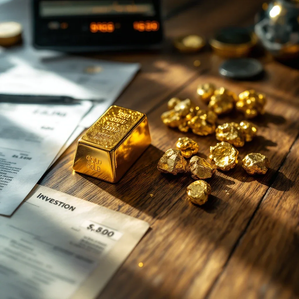 在木桌上比較黃金金條和金豆的投資回報波動情況，旁邊有計算機和投資文件