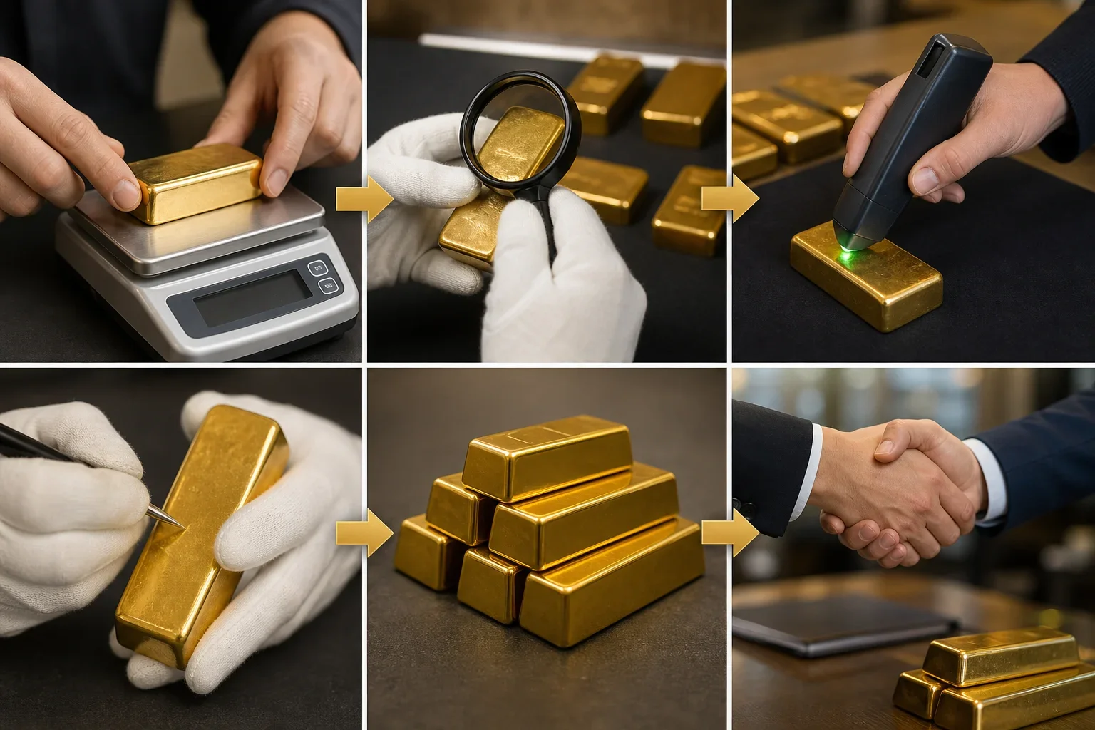 展示黃金金條回收流程的步驟，包括稱重和驗證方法