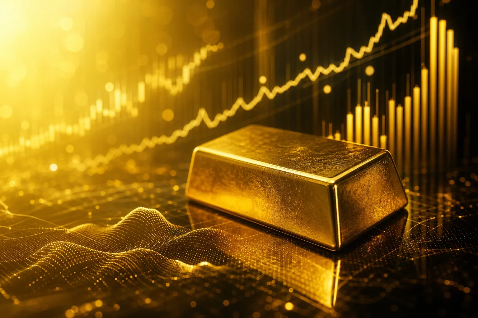 展示黃金金條與金融圖表的投資策略分析