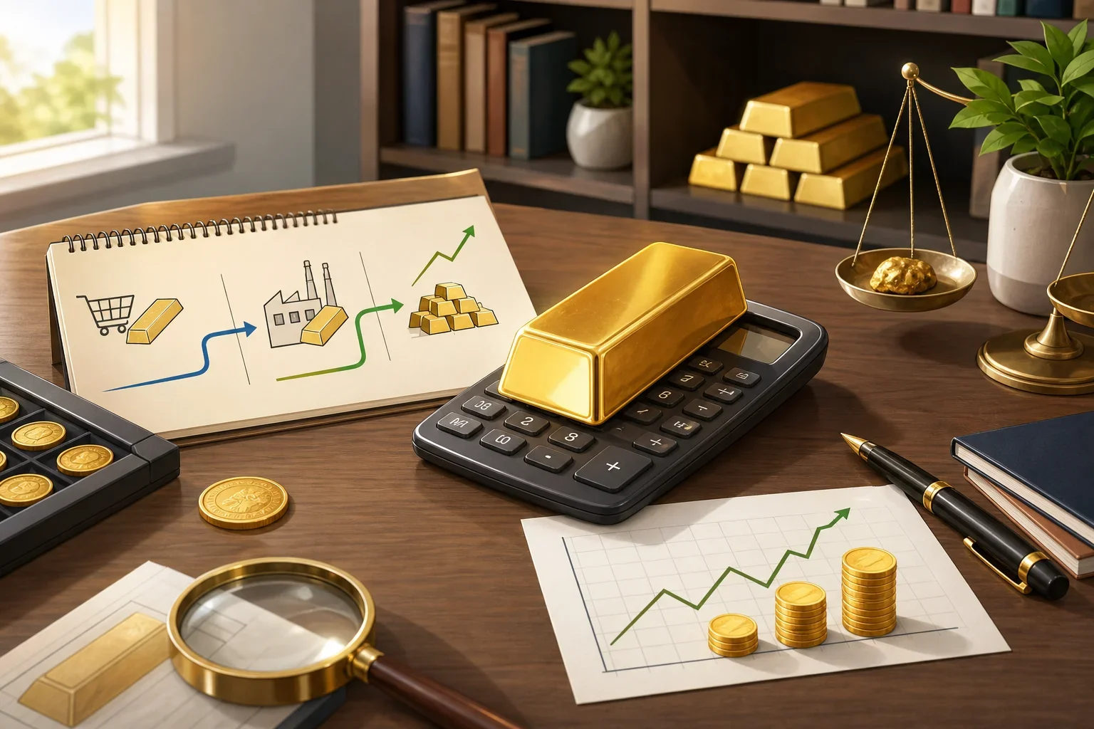 在計算黃金金條投資回報時，金條與計算機及公式的互動場景