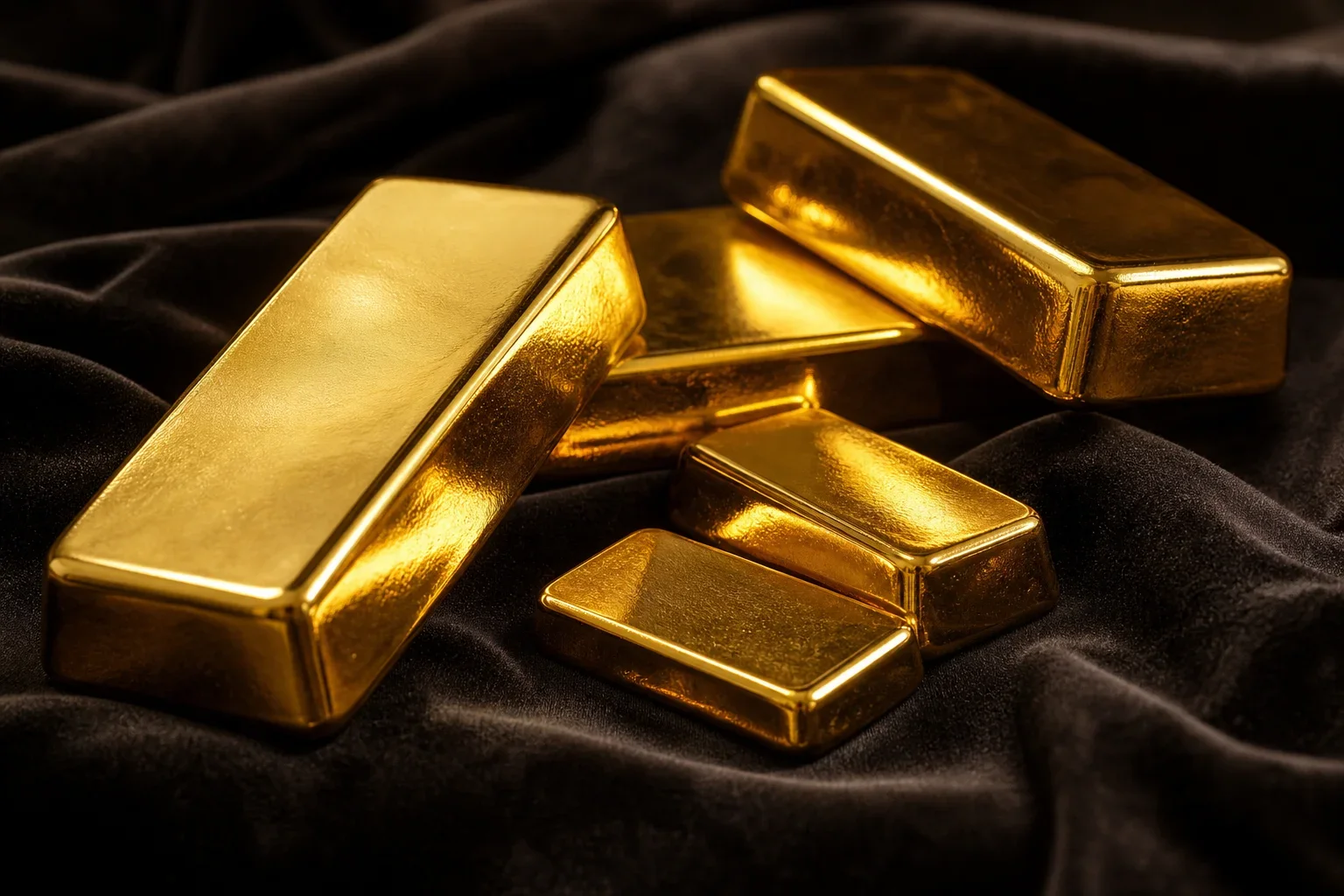 在黑色天鵝絨布上排列的黃金金條展現其光澤與純度標記,適合了解如何選擇黃金金條