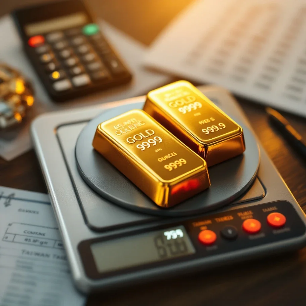 數位秤上展示的黃金金條與計算器及轉換圖表，強調黃金金條回收價值