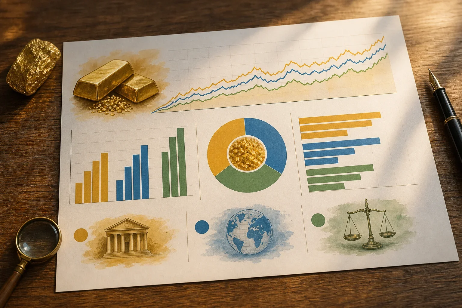 在木桌上詳細比較不同來源的黃金金條查詢平台價格圖表