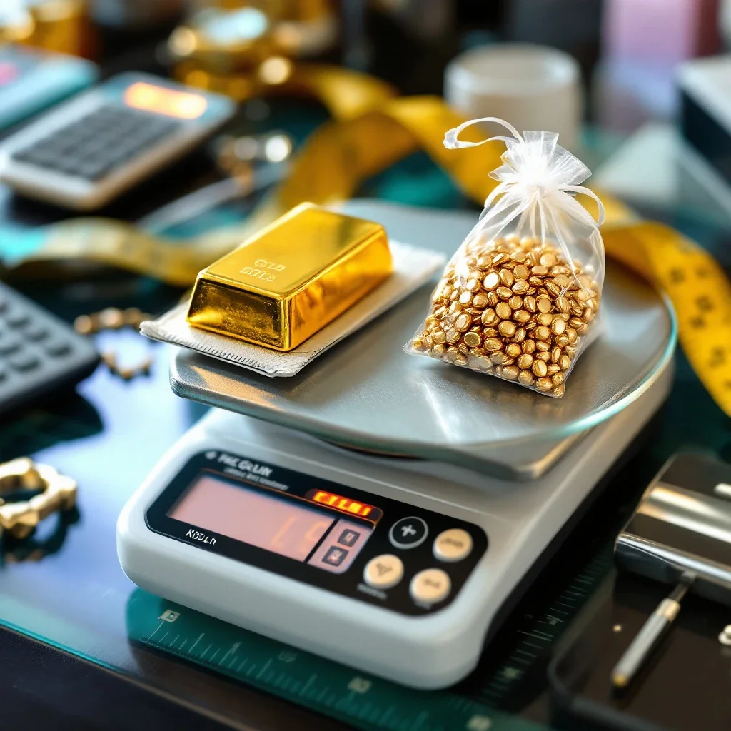 展示黃金金條與金豆重差的秤重場景，突顯黃金金條回收價值