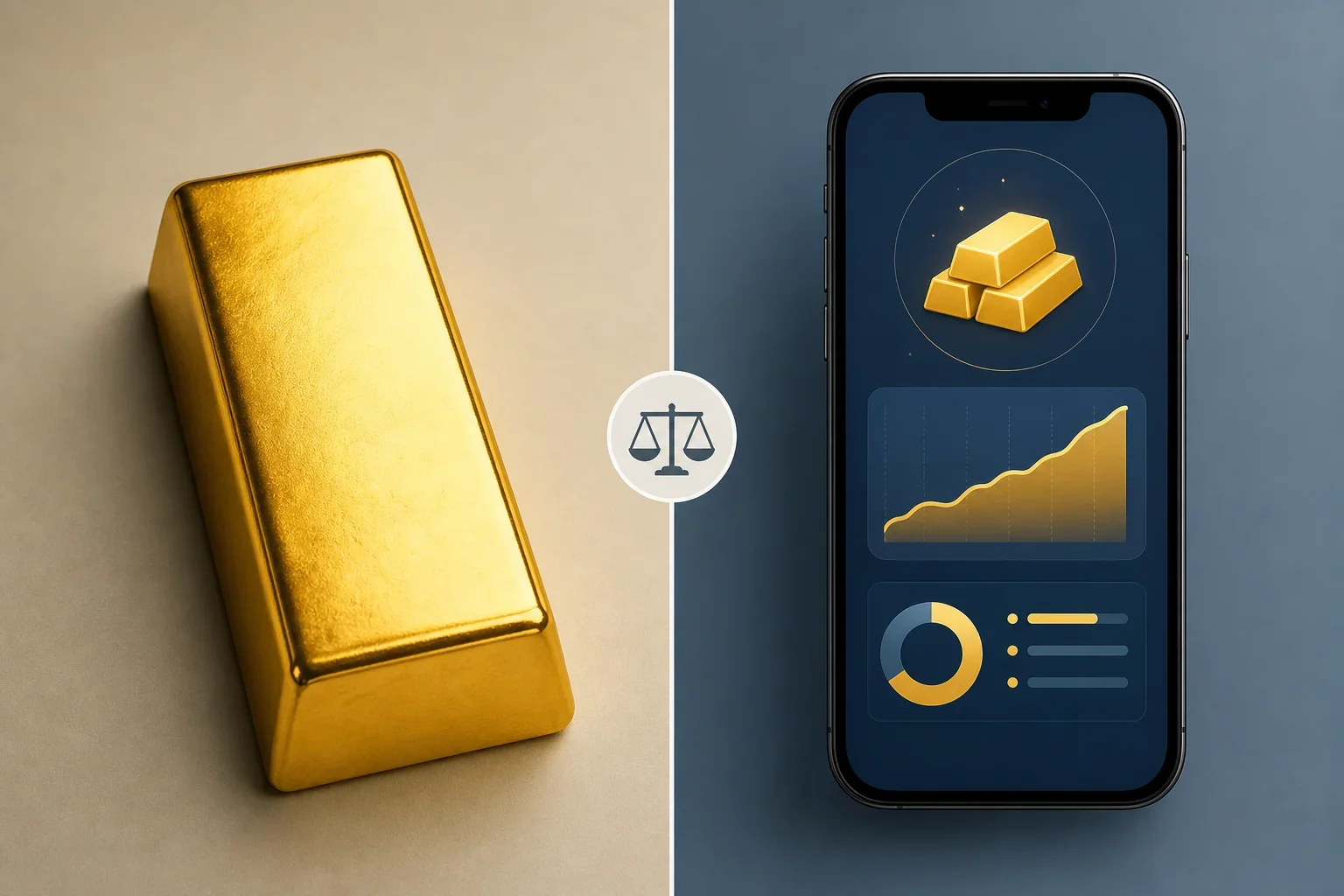 展示黃金金條與黃金存摺差異的對比畫面,強調實體與數位資產的不同