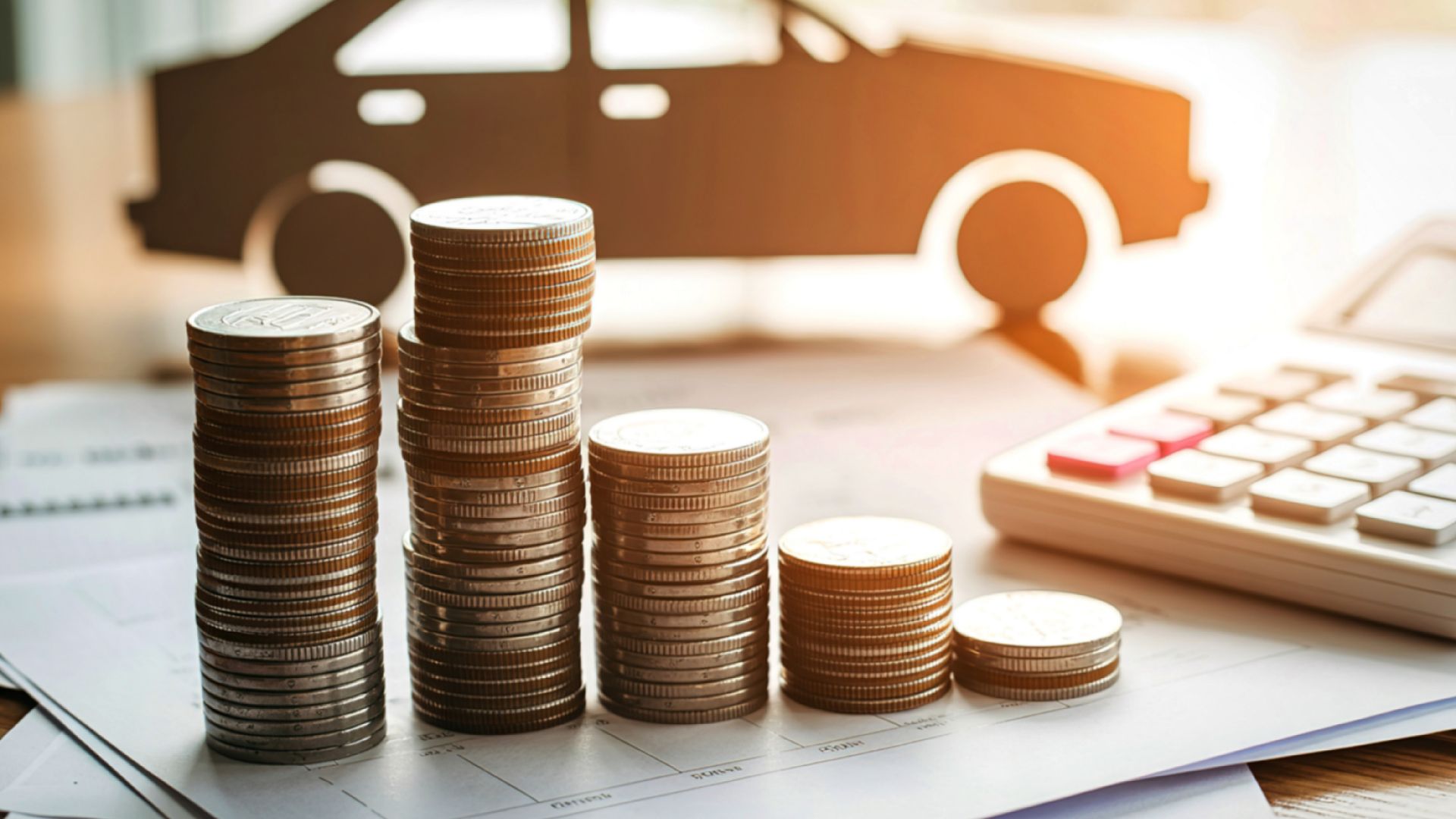 ALT描述: 疊放成塔的硬幣放在財務報表上，背景是汽車形狀的剪影與計算機，象徵汽車貸款或理財。