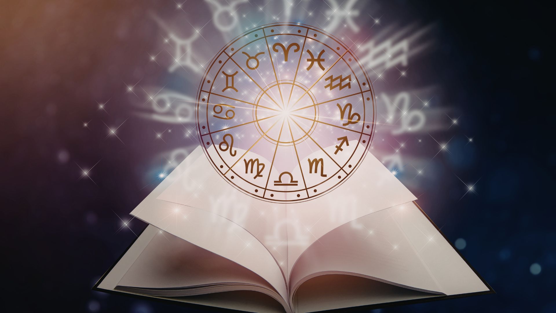 ALT描述: 一本展開的書本上方懸浮著發光的黃道十二星座圓盤，周圍點綴著閃爍的星光與星座符號，充滿奇幻與智慧的意象。