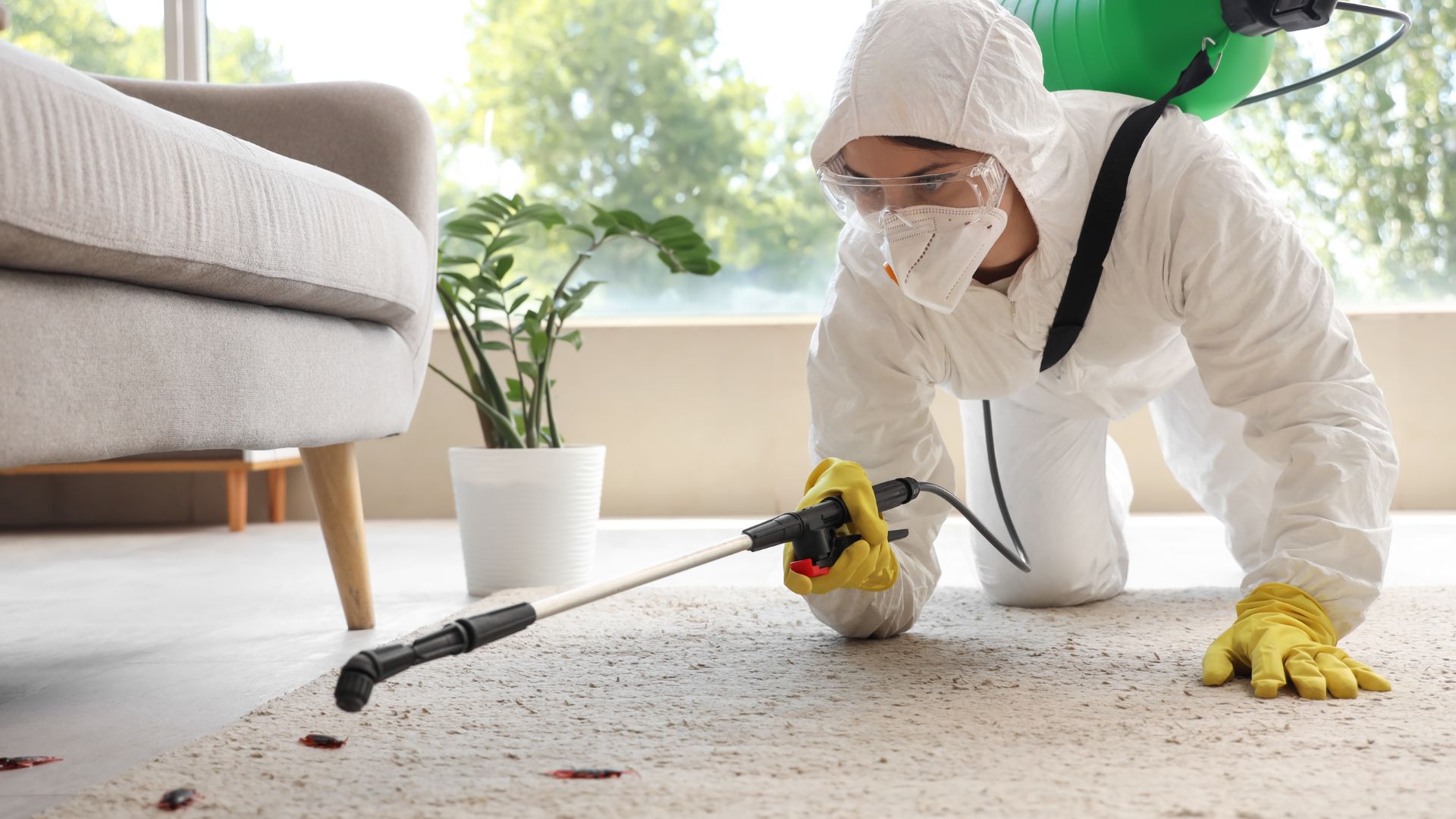 ALT描述：一名穿著全套白色防護衣、口罩與護目鏡的人員，正趴在室內地毯上使用噴霧設備進行害蟲防治，地毯上有幾隻蟑螂。