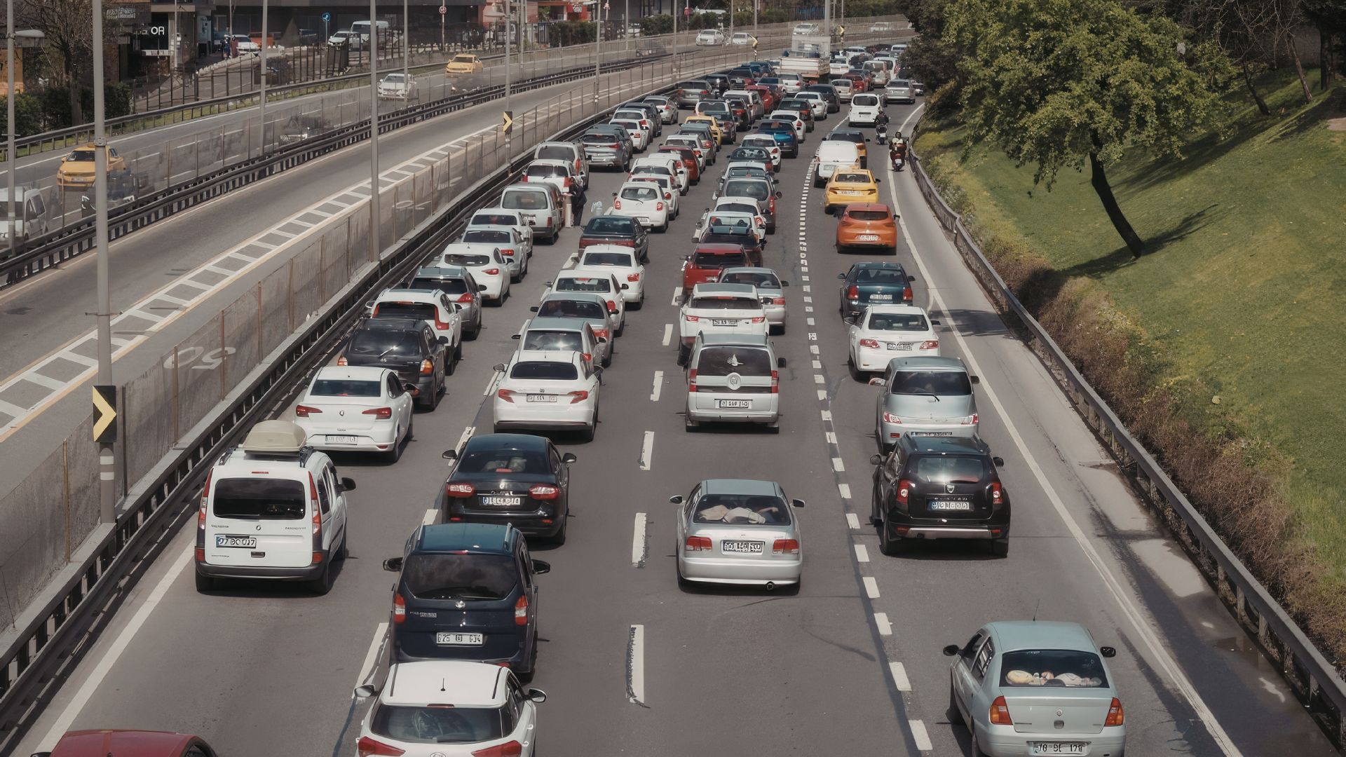 ALT描述: 繁忙的多線道公路上塞滿了各式車輛，展現城市交通擁擠的日常景象。